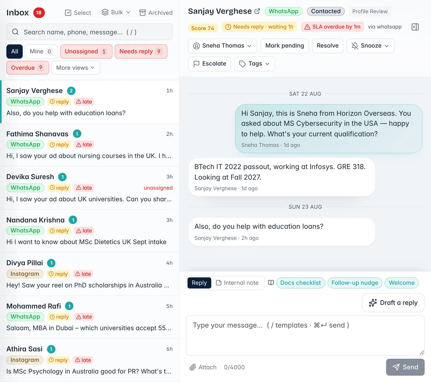 Crosvia CRM workspace showing lead priority, ownership, status and conversation context